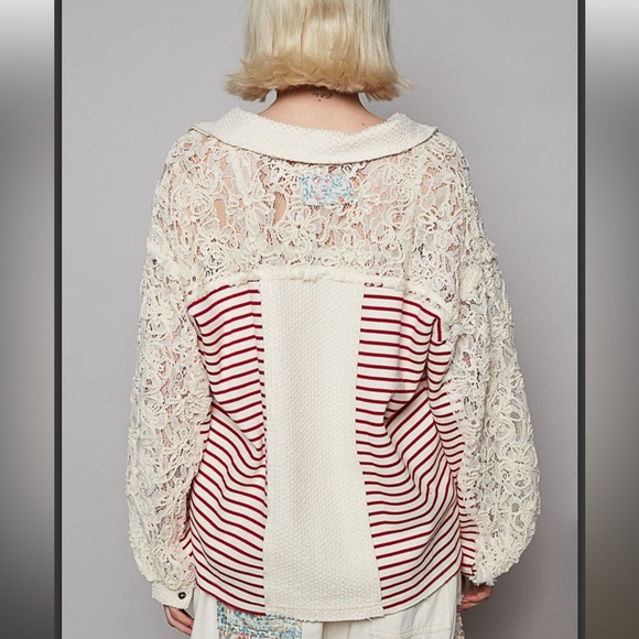 POL. Gorgeous Striped with Lace Patchwork Collared Top - Picture 2 of 6